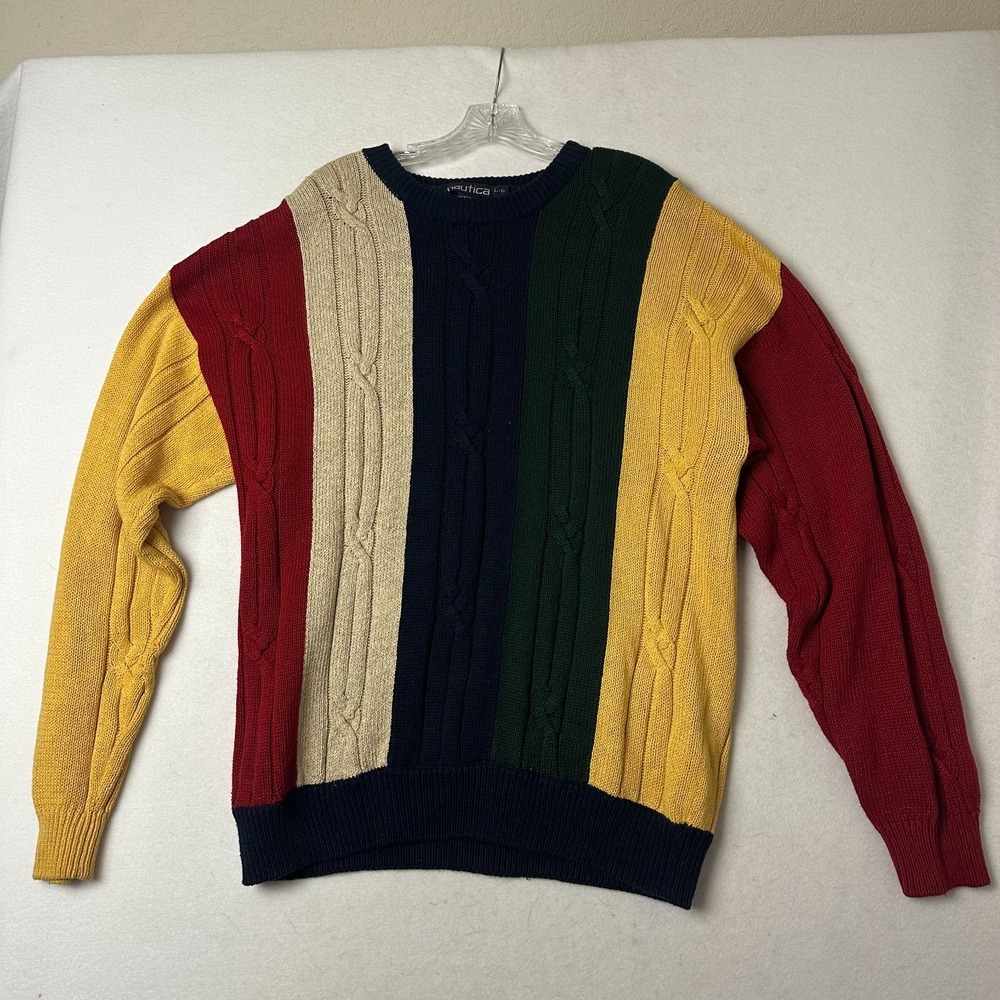 Nautica Mens Vintage Colorblock Cable Knit Sweater Linen Cotton Hemp Large L